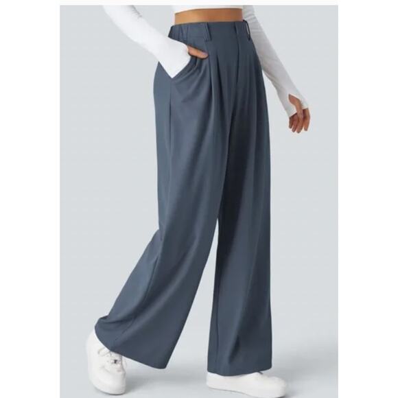 Halara Pants Womens Medium Petite Blue Flex High Waisted Pocket Wide Leg Waffle - Picture 1 of 9